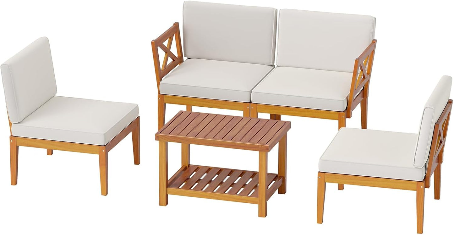 Tangkula 5/10 Pieces Acacia Wood Patio Furniture Set, Outdoor Sectional Conversation Set with Cushions