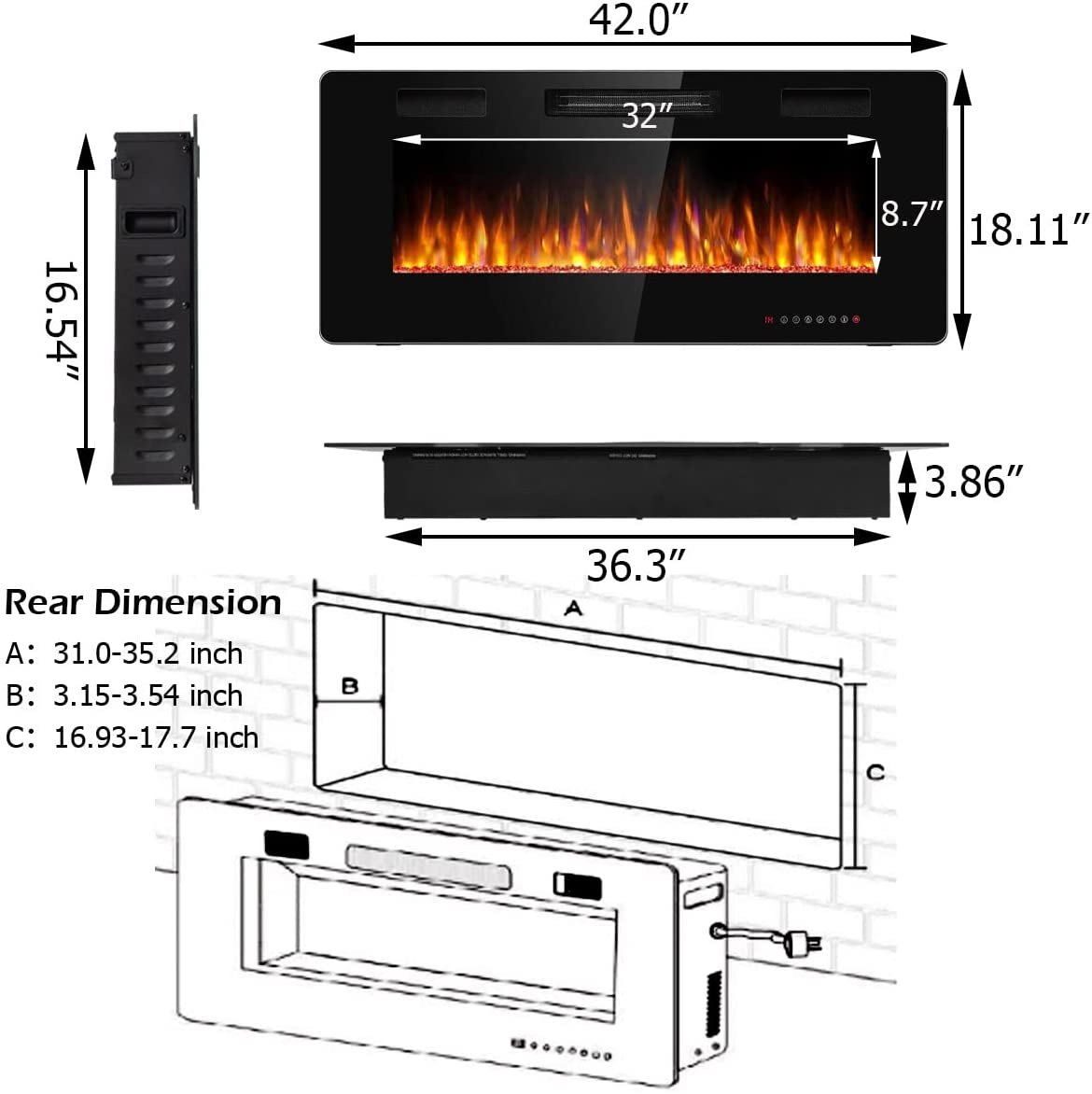 Tangkula 30 Inches Recessed Electric Fireplace, in-Wall & Wall Mounted Electric Heater