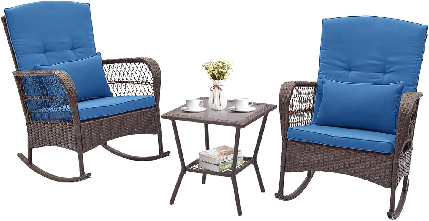 Tangkula 3 Piece Patio Rocker Set, Patiojoy Outdoor Wicker Rocking Chairs w/Double-Layer Coffee Table