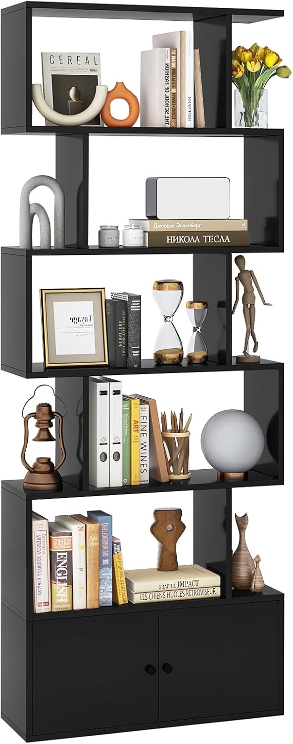 Tangkula S Shaped Bookshelf with Cabinet, 6-Tier Bookcase with Doors, Freestanding Geometric Bookshelves for Living Room