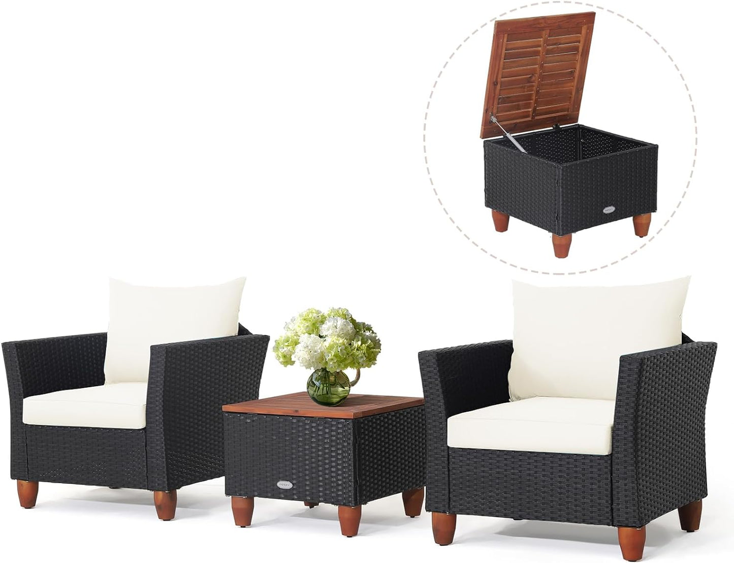 Tangkula 3 Pieces Patio Porch Furniture Set, PE Rattan Wicker Chair Conversation Set with Cushions and Storage Table