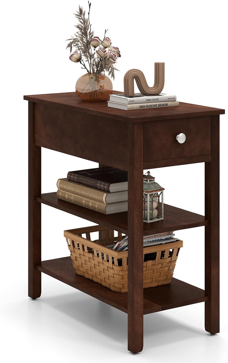 Tangkula Narrow End Table Set 24.5”H Farmhouse Side Table with Drawer