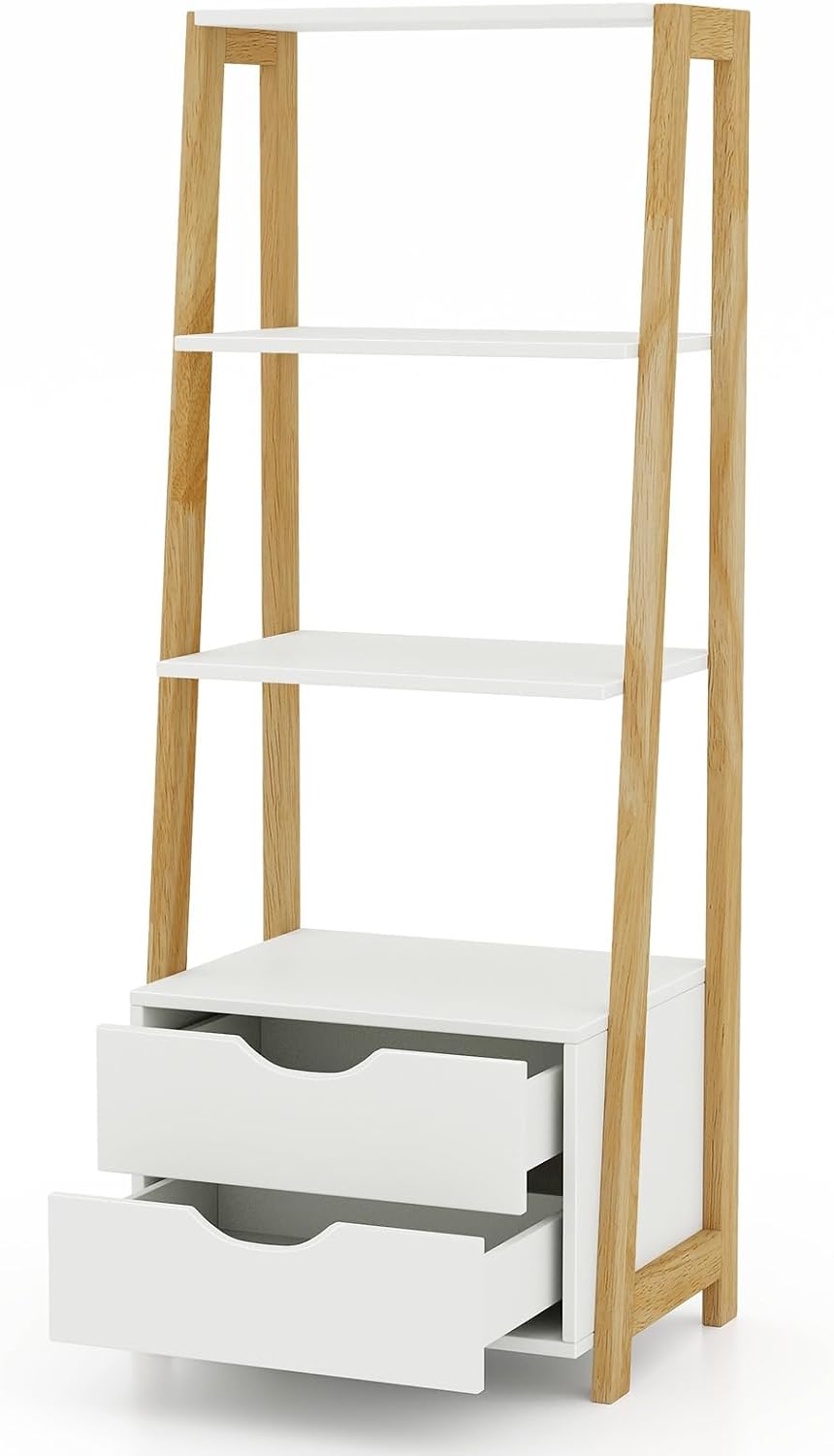 Tangkula Ladder Shelf Bookcase, Free Standing 4-Tier Bookshelf with 2 Storage Drawers