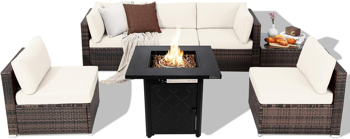 Tangkula 7 Pieces Patio Furniture Set with 28" 50000 BTU Propane Gas Fire Pit Table