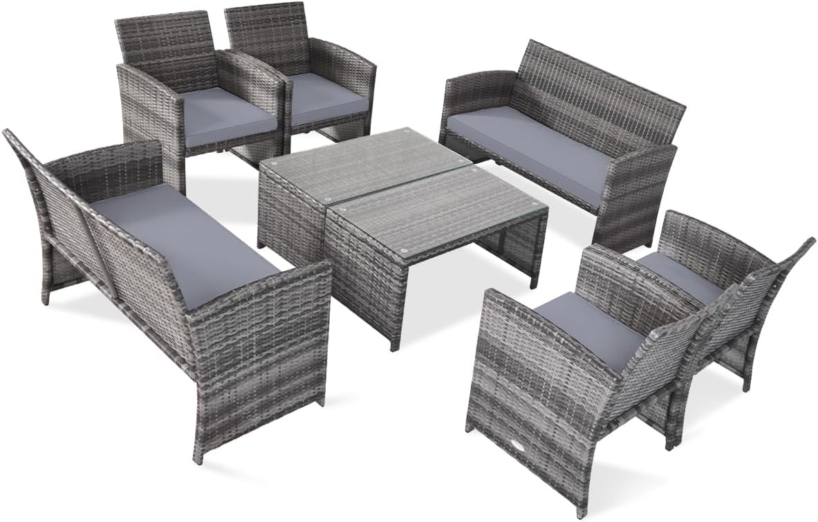 Tangkula 4/8 PCS Wicker Patio Conversation Set, Outdoor Rattan Sofas with Table Set
