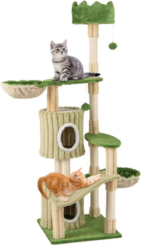 Tangkula 63 Inch Tall Cat Tree, Cute Green Cat Tower with 2 Condos, Plush Top Perch, 2 Basket Beds