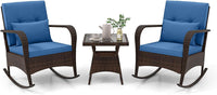 Tangkula 3 Pieces Rocking Bistro Set, Patiojoy Outdoor PE Rattan Rocker Chairs with Removable Cushions & Tempered Glass Top Coffee Table