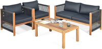 Outdoor Wood Furniture Set, Acacia Wood Frame Loveseat Sofa, 2 Single Chairs and Coffee Table