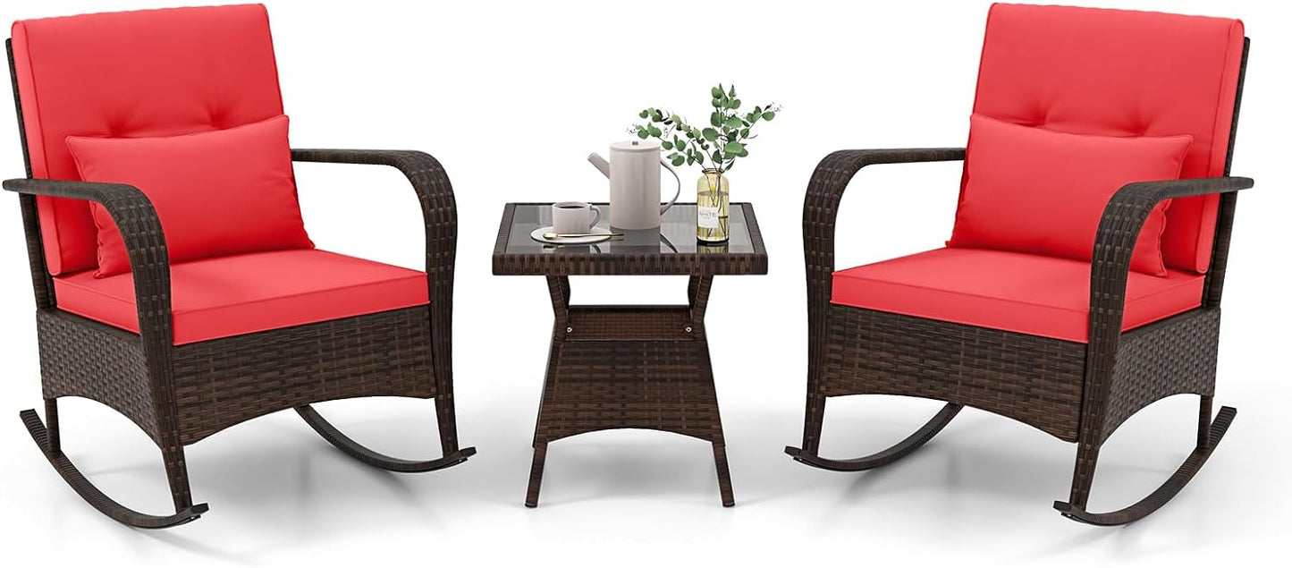 Tangkula 3 Pieces Rocking Bistro Set, Patiojoy Outdoor PE Rattan Rocker Chairs with Removable Cushions & Tempered Glass Top Coffee Table