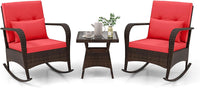 Tangkula 3 Pieces Rocking Bistro Set, Patiojoy Outdoor PE Rattan Rocker Chairs with Removable Cushions & Tempered Glass Top Coffee Table