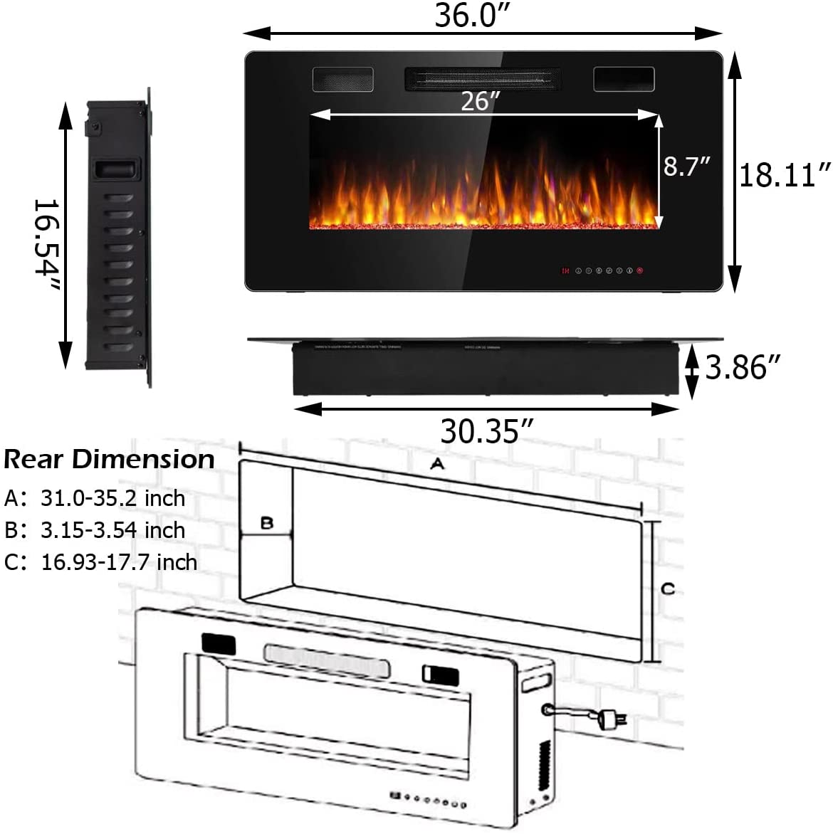 Tangkula 30 Inches Recessed Electric Fireplace, in-Wall & Wall Mounted Electric Heater