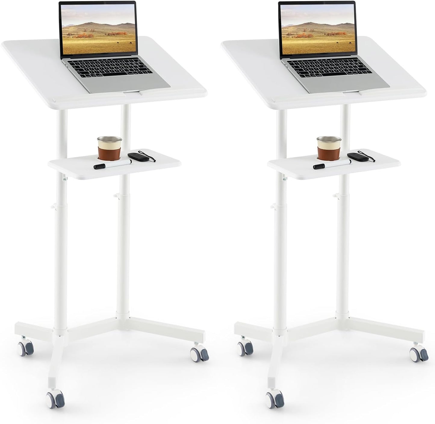 Tangkula Mobile Lectern Podium, Height-Adjustable Rolling Laptop cart with Tilting Top, Storage Tray & Cup Holder