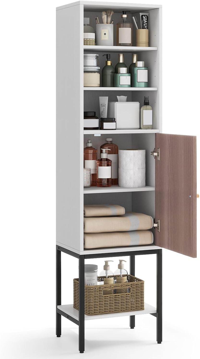 Tangkula Tall Bathroom Storage Cabinet with 1 Door and 4 Shelves, 57" H Narrow Floor Cabinet with Adjustable Shelves