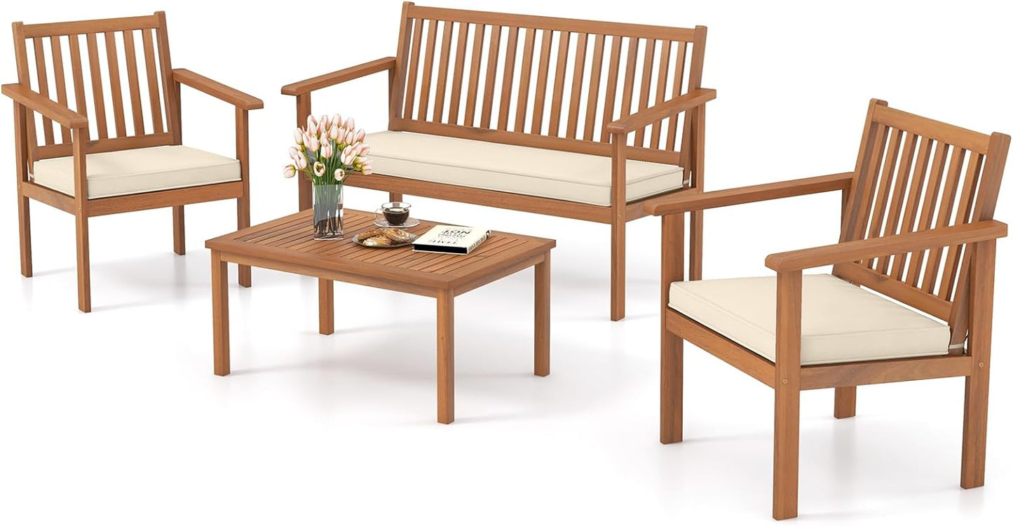 Tangkula 4 Piece Patio Wood Furniture Set, Acacia Wood Sofa Set w/Loveseat, 2 Chairs & Coffee Table