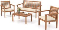 Tangkula 4 Piece Patio Wood Furniture Set, Acacia Wood Sofa Set w/Loveseat, 2 Chairs & Coffee Table