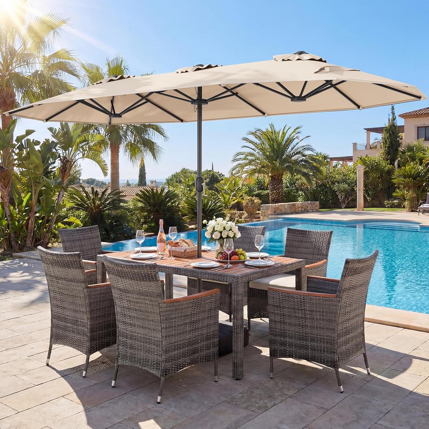 Tangkula 9 Piece Rattan Outdoor Dining Set with 13Ft Umbrella for 6