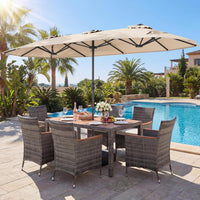 Tangkula 9 Piece Rattan Outdoor Dining Set with 13Ft Umbrella for 6