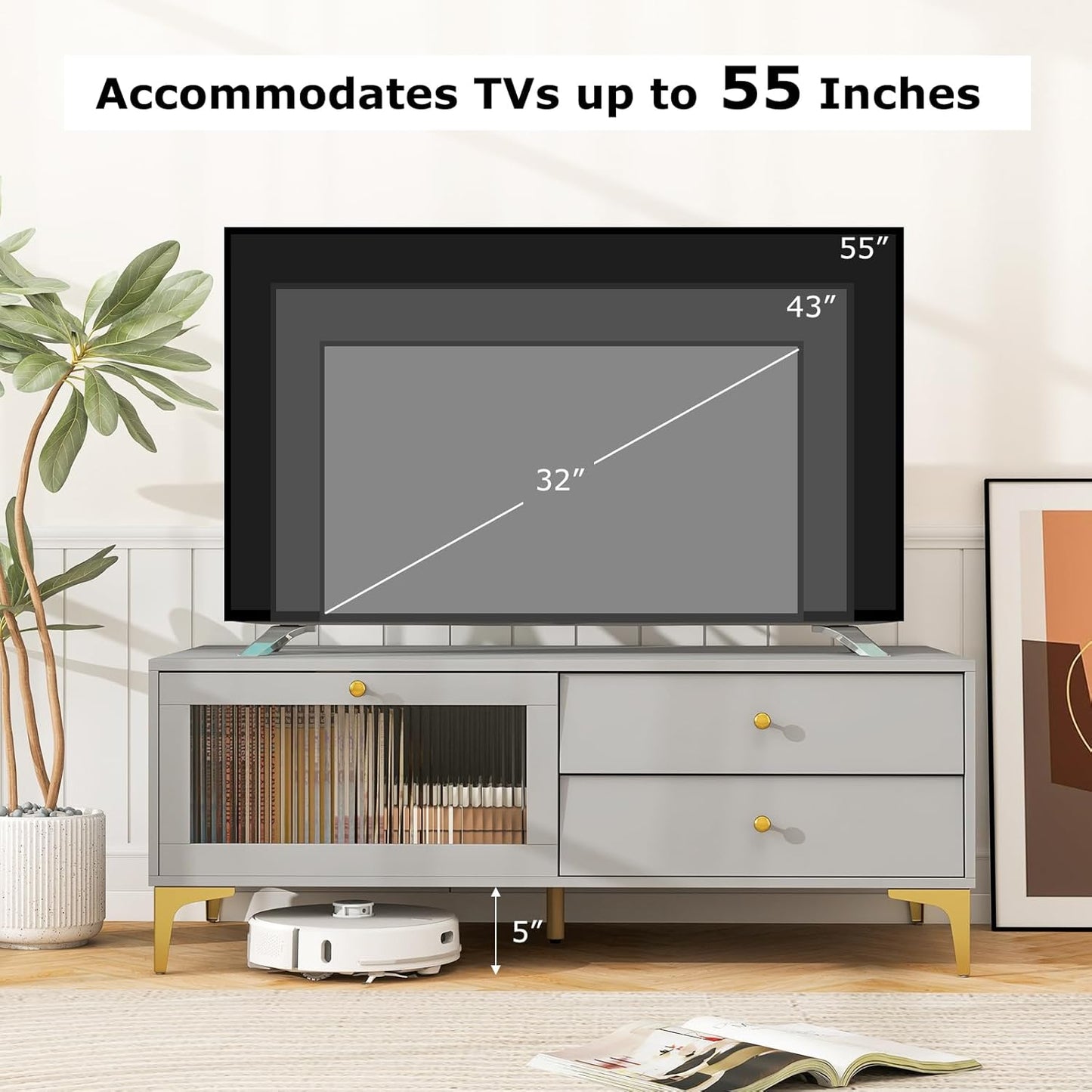 Tangkula Gray TV Stand for 55-Inch TV, 47.5” TV Console Table with Drawers