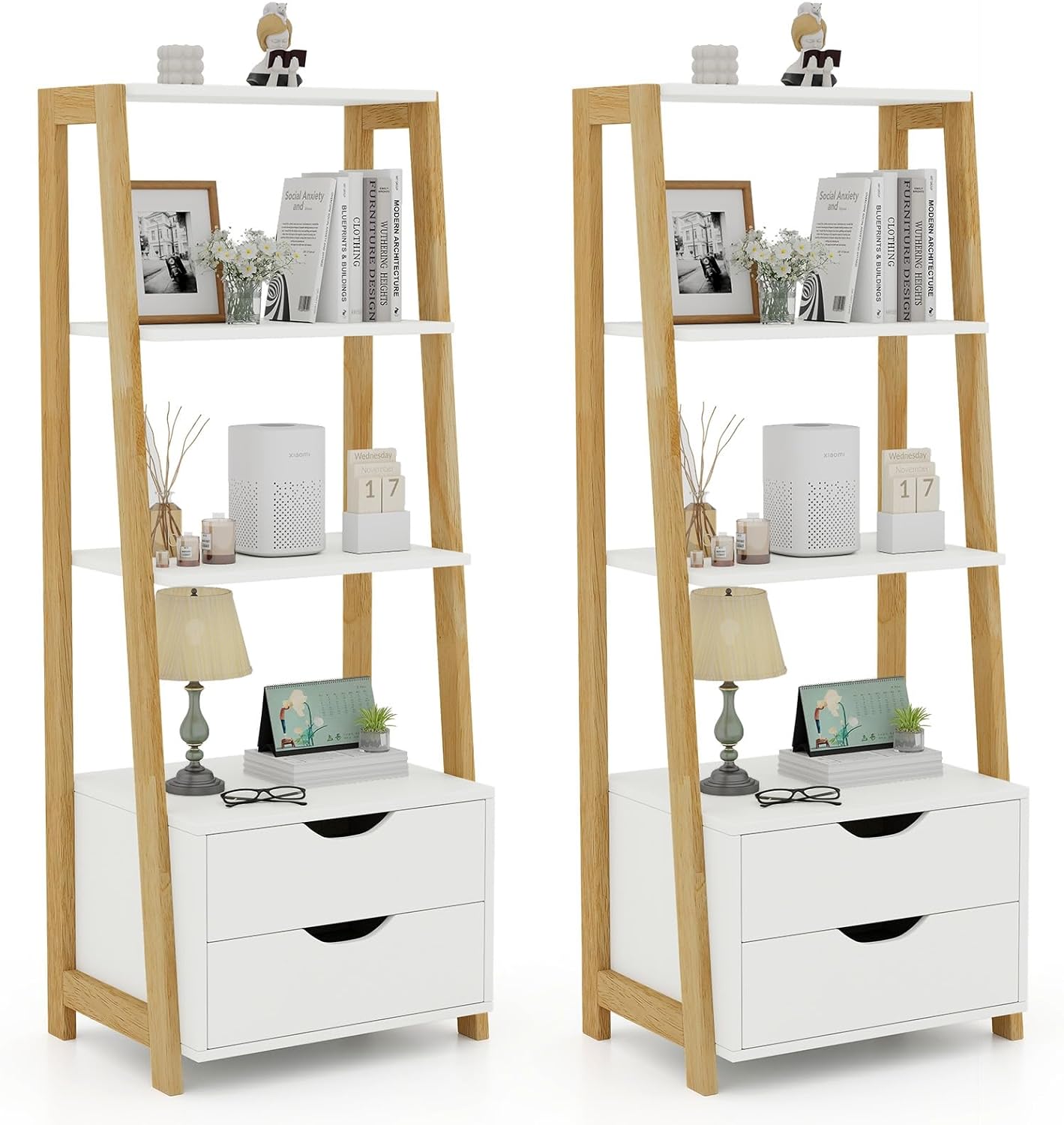 Tangkula Ladder Shelf Bookcase, Free Standing 4-Tier Bookshelf with 2 Storage Drawers