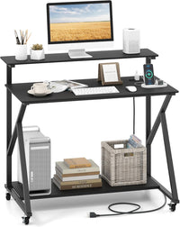 Tangkula Bureau Informatique Mobile de 99 cm avec Prises de Courant, Support Moniteur et Étagère de Rangement