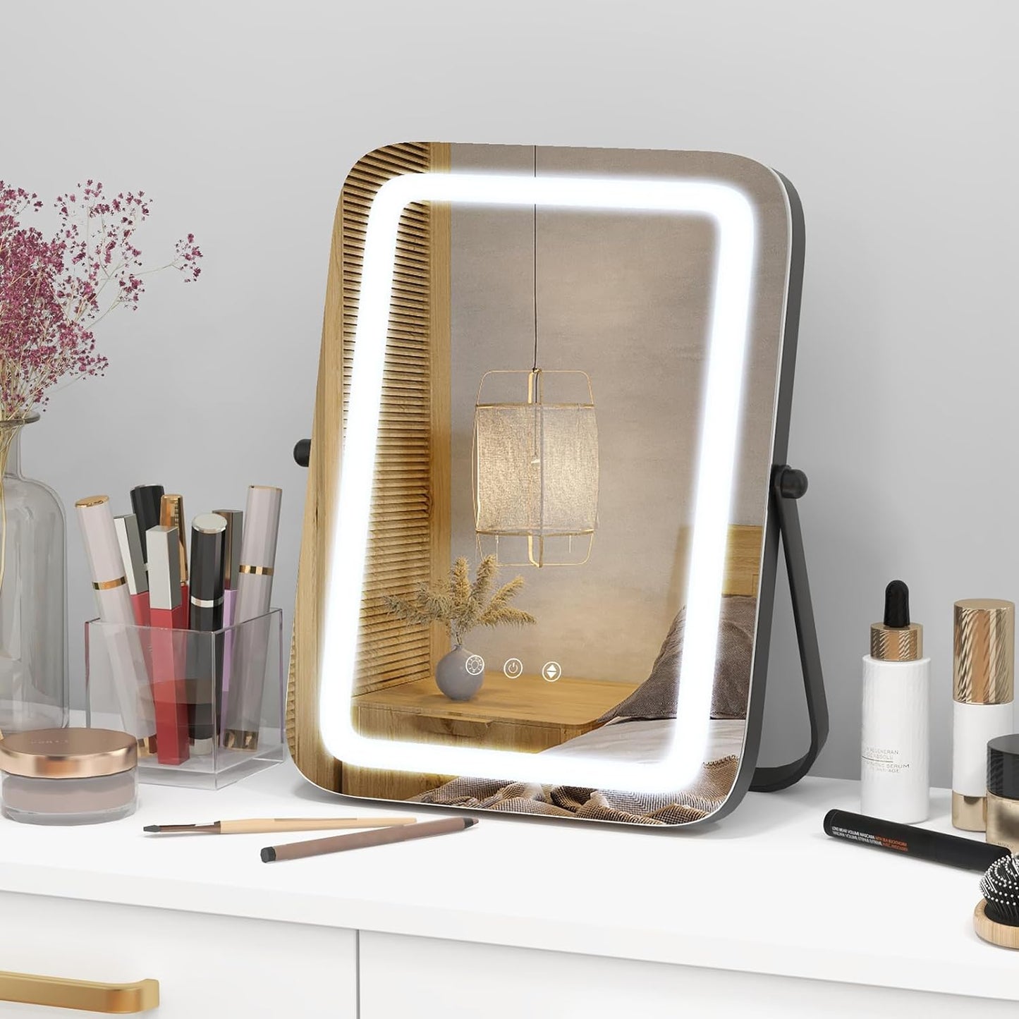 Tangkula Miroir de courtoisie de 16 po avec lumières, miroir de maquillage lumineux à LED à 3 couleurs à intensité variable avec écran tactile