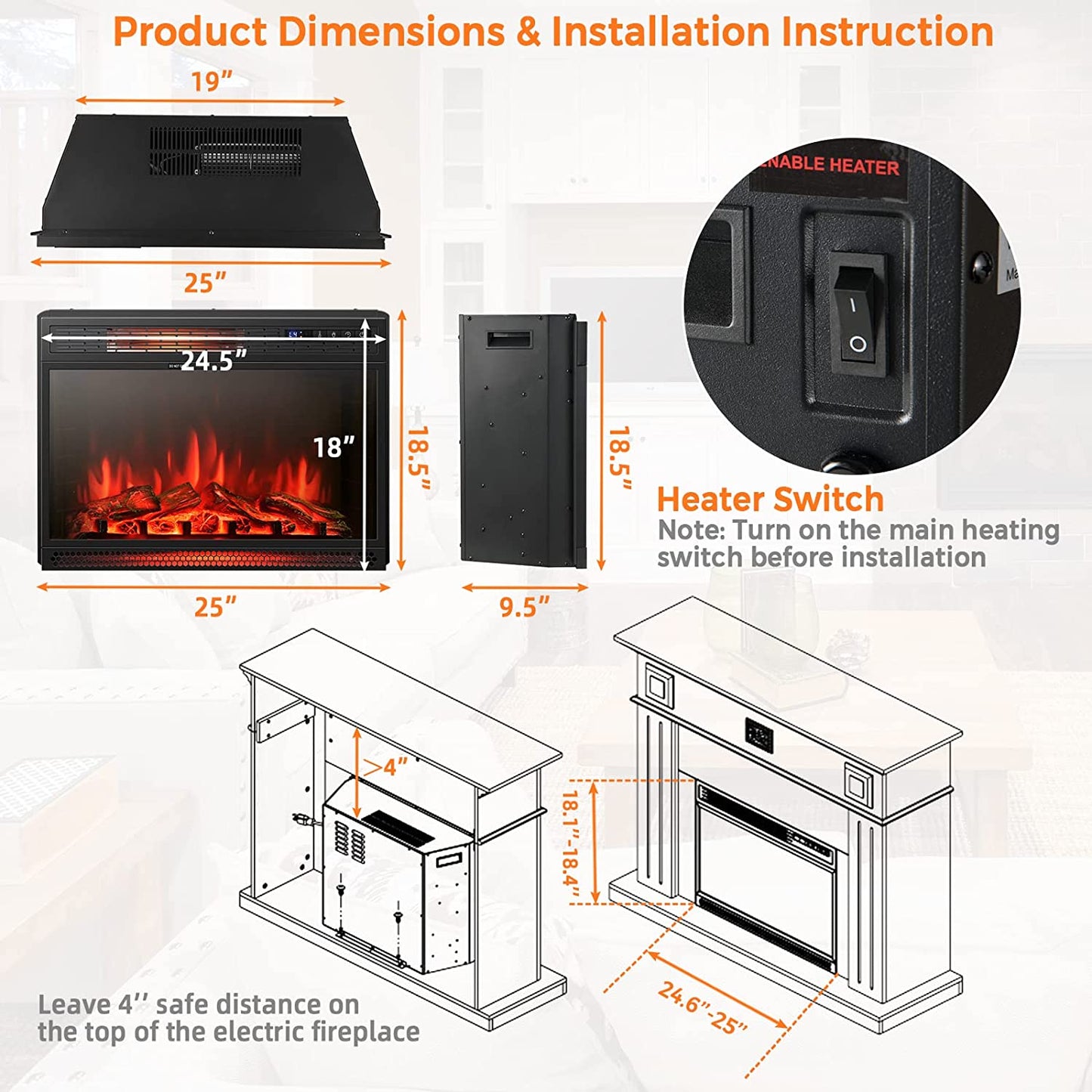 Tangkula Electric Fireplace Insert, Freestanding & Recessed Electric Fireplace Heater with Remote Control