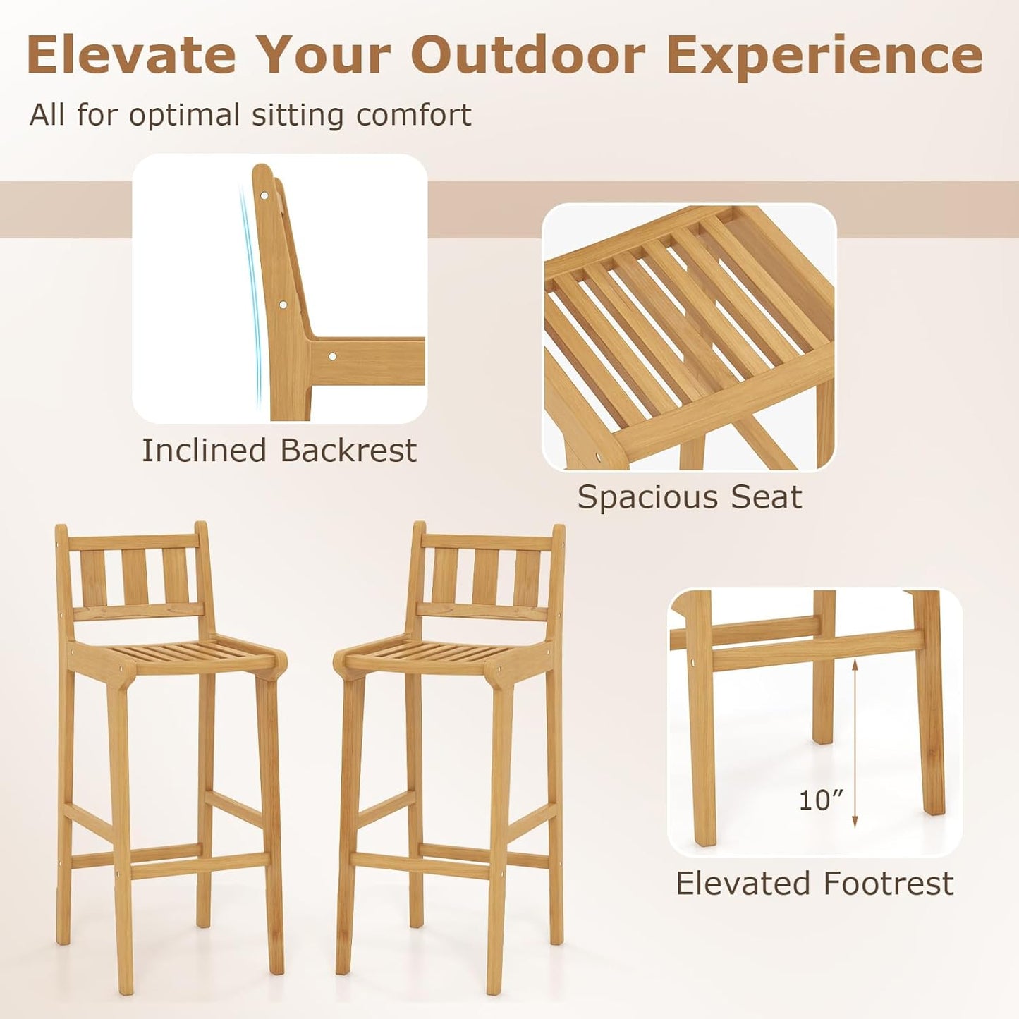 Tangkula Teak Wood Bar Stool, 30” Bar Chair with Footrest & Backrest