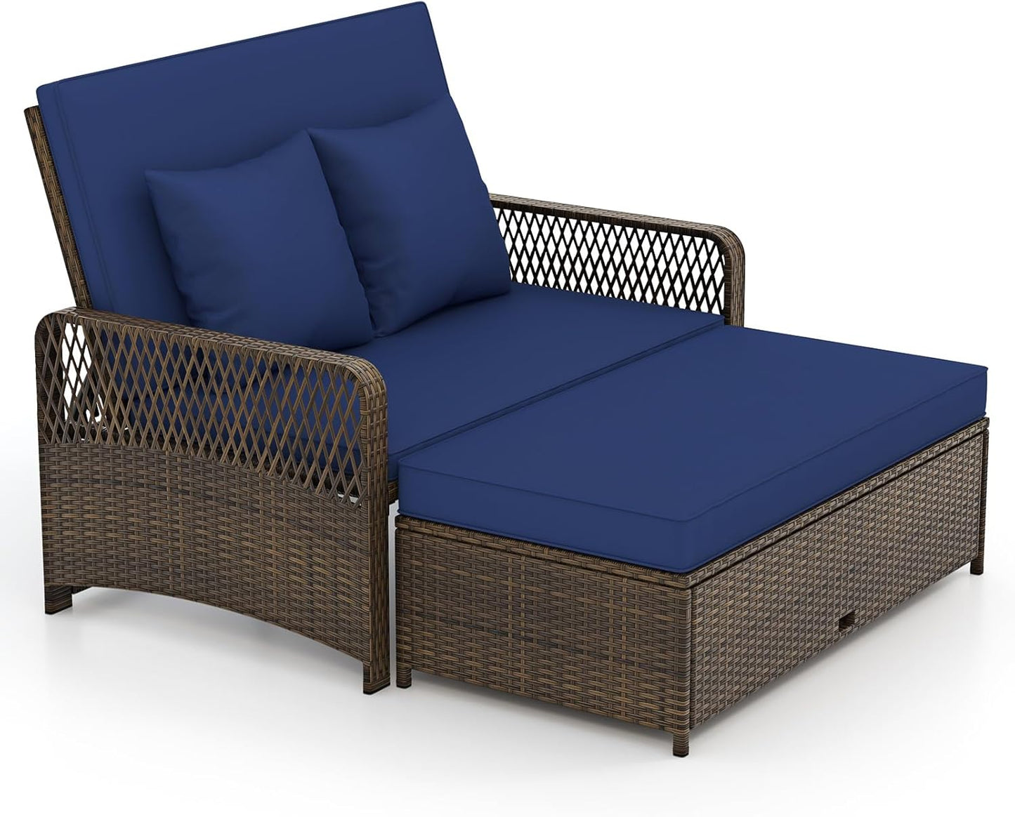 Tangkula Patio Adjustable Wicker Daybed, Rattan Loveseat & Storage Ottoman w/ 4-Level Backrest & Soft Cushions