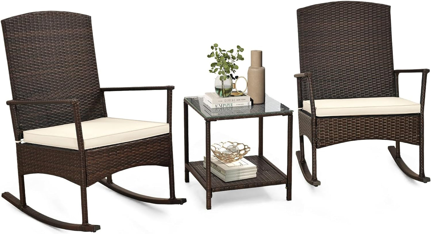 Tangkula 3 Pieces Rocking Wicker Bistro Set, Outdoor Front Porch Rocker Chairs Conversation Set