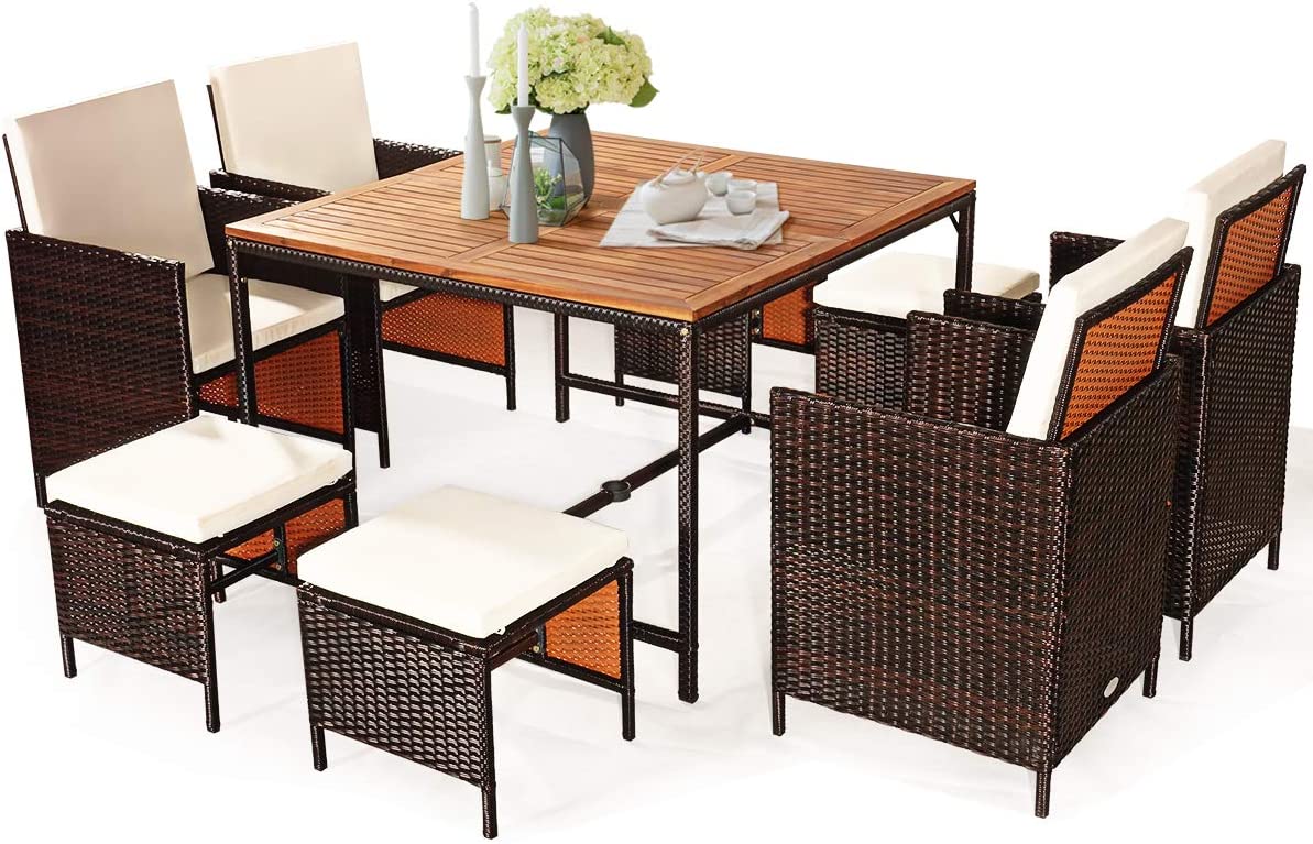 Tangkula 9 Pieces Acacia Wood Patio Dining Set, Space Saving Wicker Chairs and Wood Table with Umbrella Hole Outdoor Furniture Set