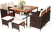 Tangkula 9 Pieces Acacia Wood Patio Dining Set, Space Saving Wicker Chairs and Wood Table with Umbrella Hole Outdoor Furniture Set
