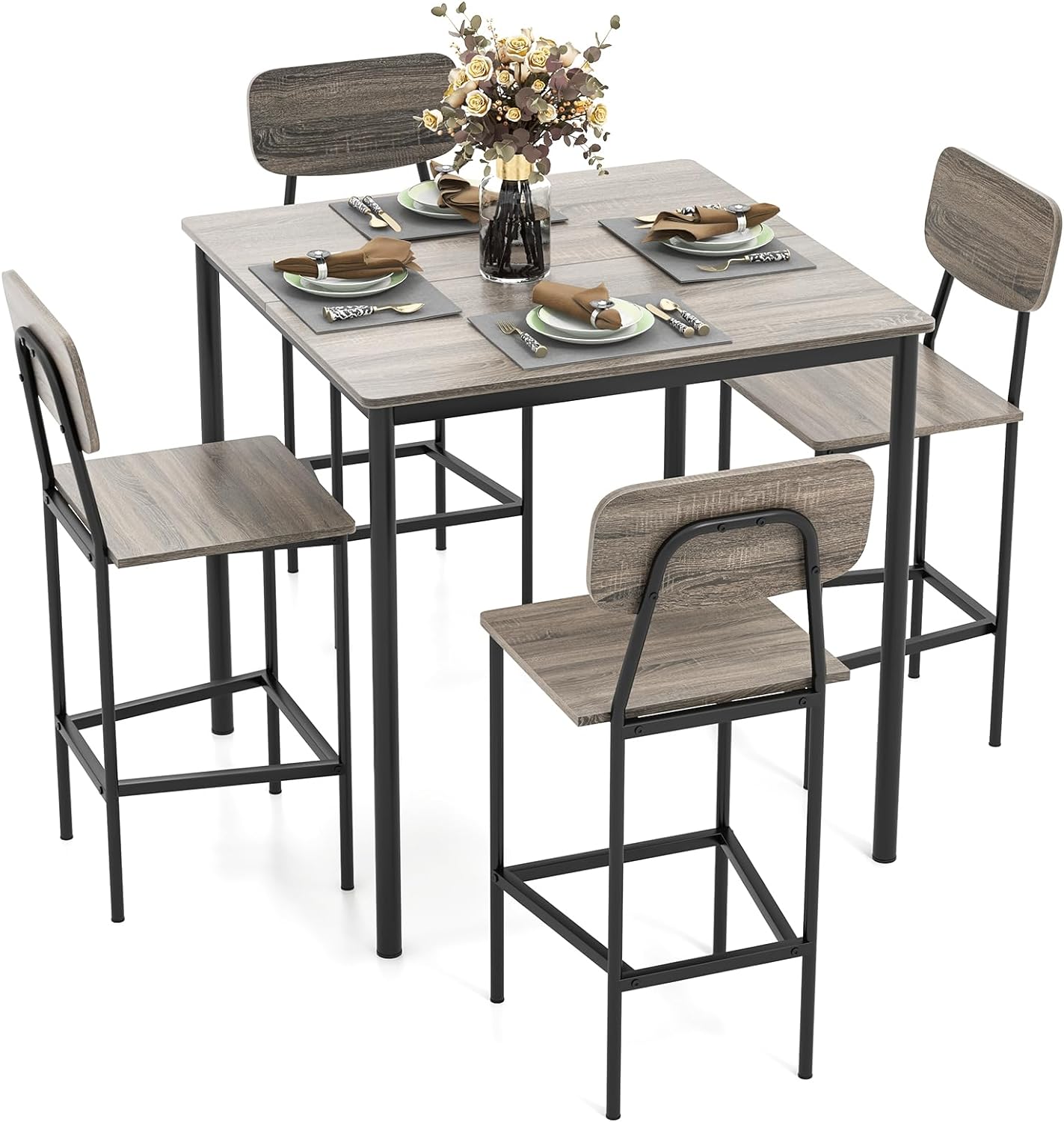 Tangkula Dining Table Set for 4, Vintage Counter-Height Dining Table & 4 Bar Chairs