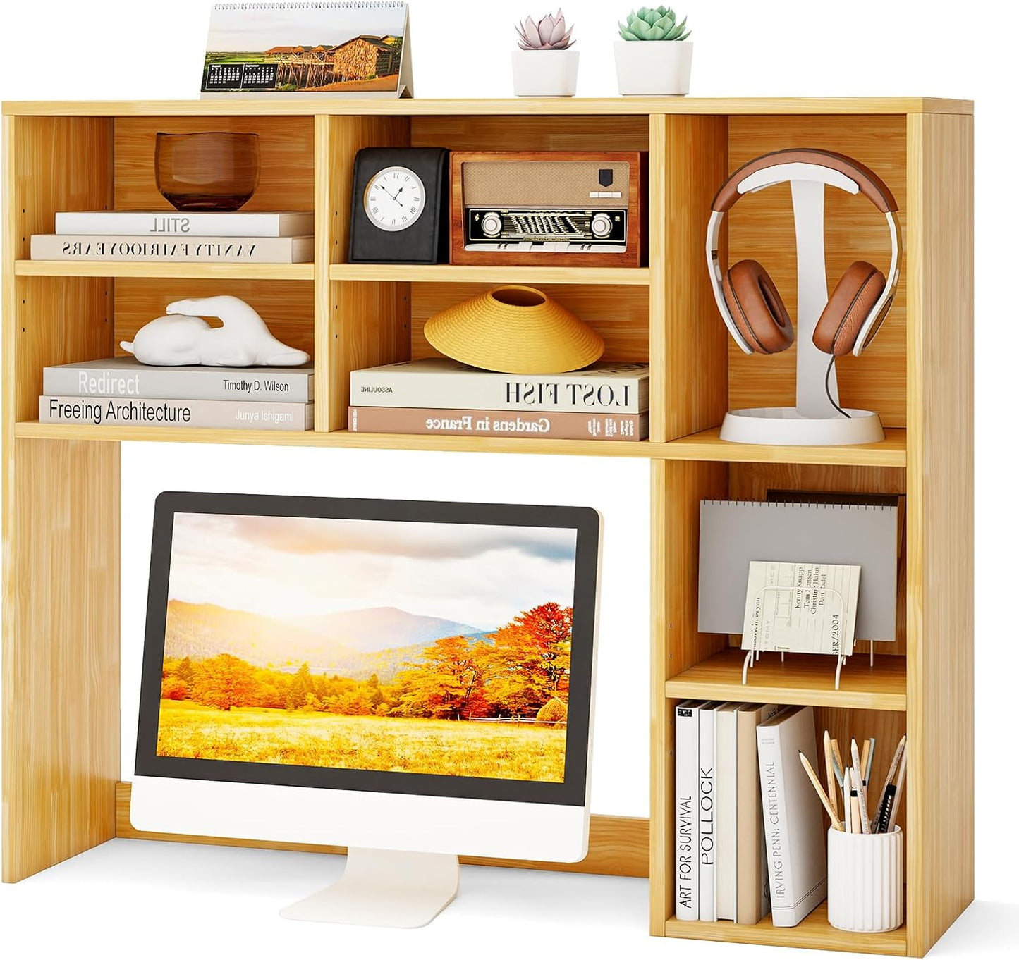Tangkula Étagère de bureau 94 cm Meuble de rangement à poser avec 7 cubes et 3 étagères réglables