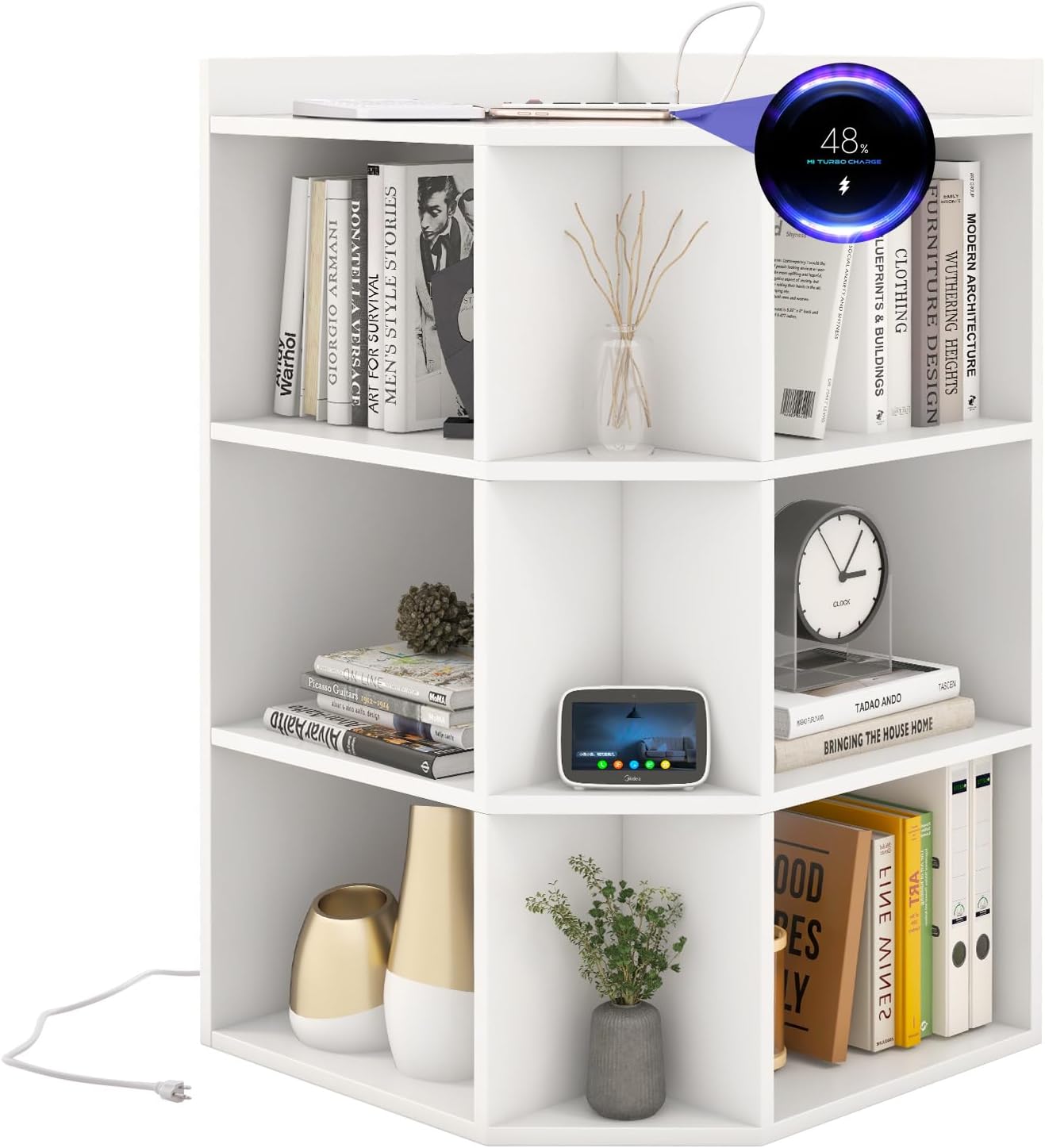 Tangkula 9 Cube Corner Bookshelf with Charging Station, 90 Degree Corner Cabinet w/2 USB Ports & 4 Outlets