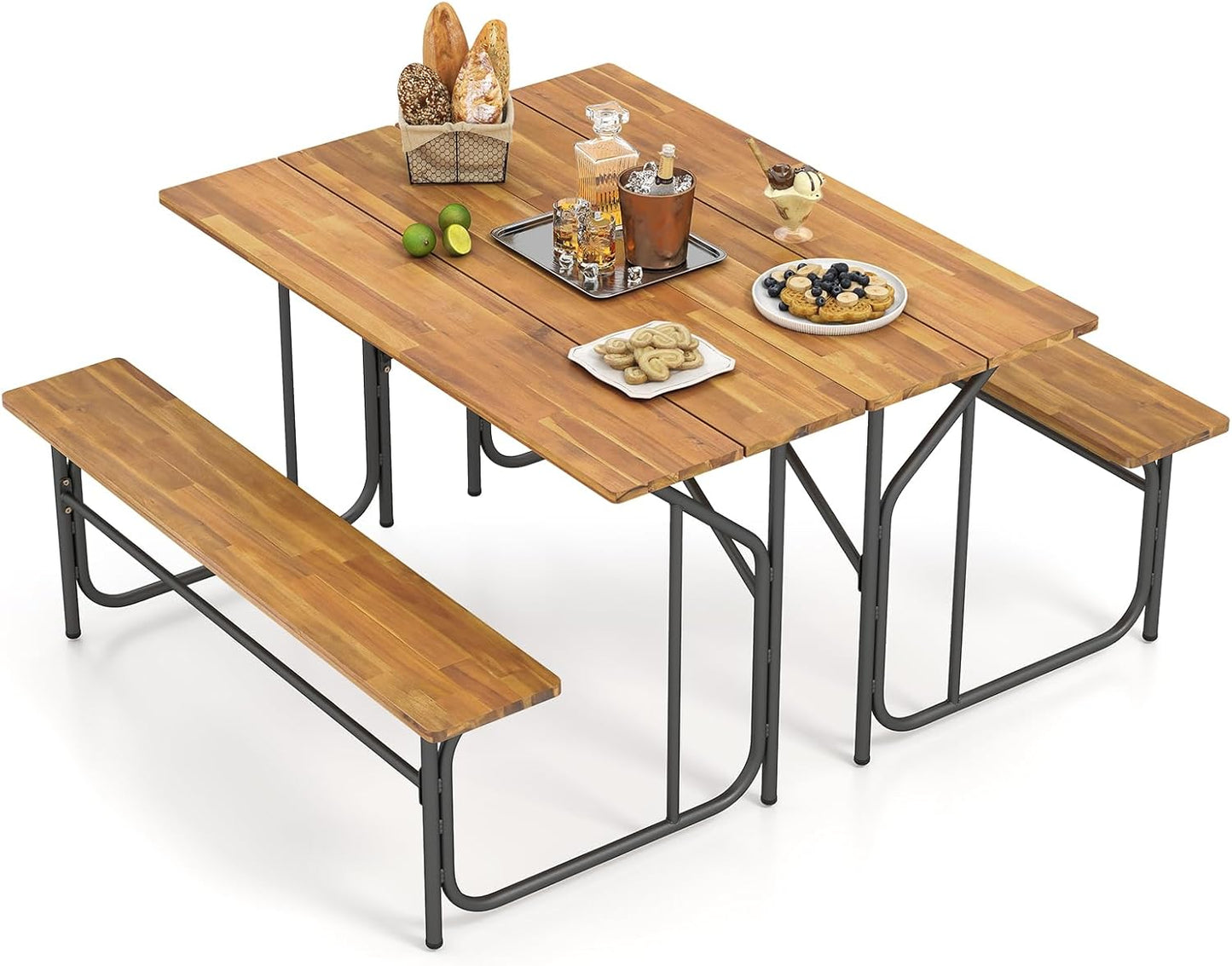 Tangkula Heavy-Duty Outdoor Acacia Wood Dining Furniture with Metal Legs for Balcony