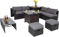 Tangkula 9 Pieces Patio Furniture Set with 32” Fire Pit Table, 50,000 BTU Square Propane Fire Pit