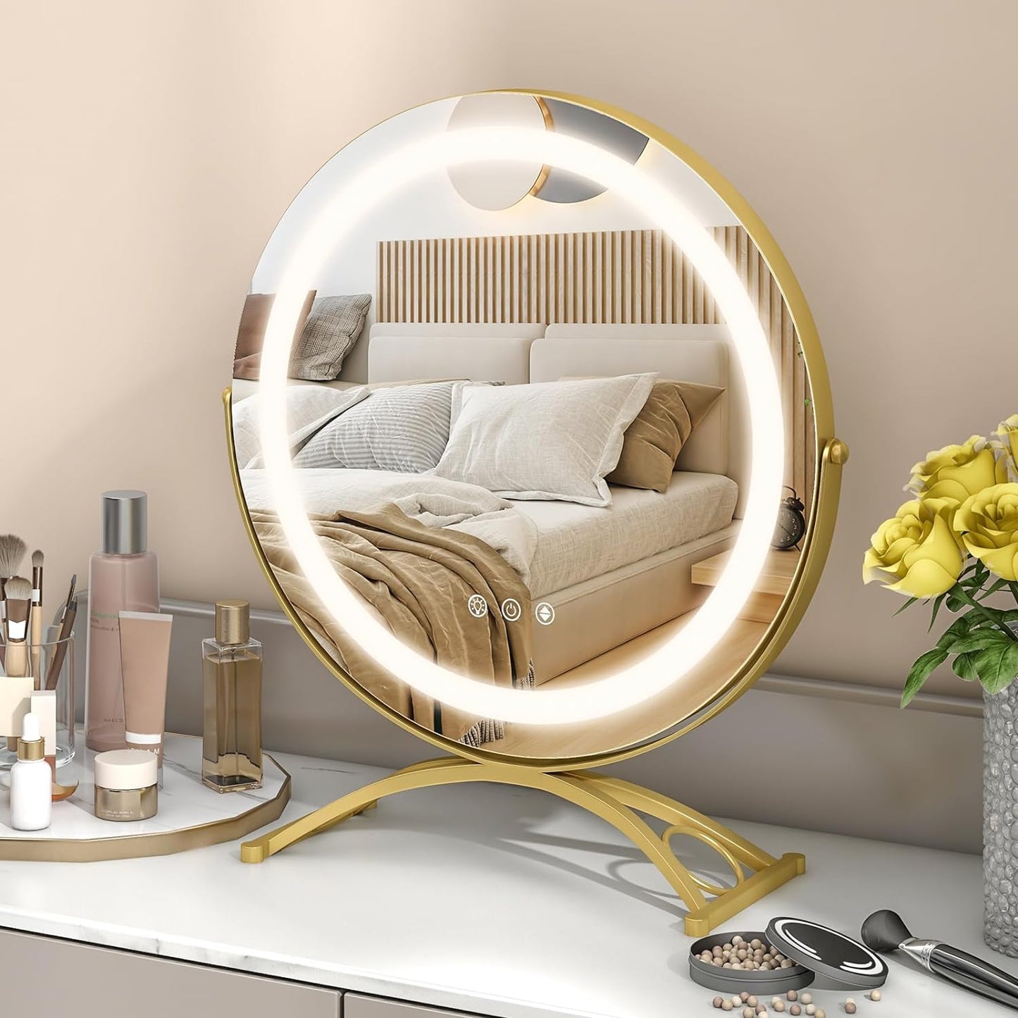 Tangkula Miroir de courtoisie de 16 po avec lumières, miroir de maquillage lumineux à LED à 3 couleurs à intensité variable avec écran tactile