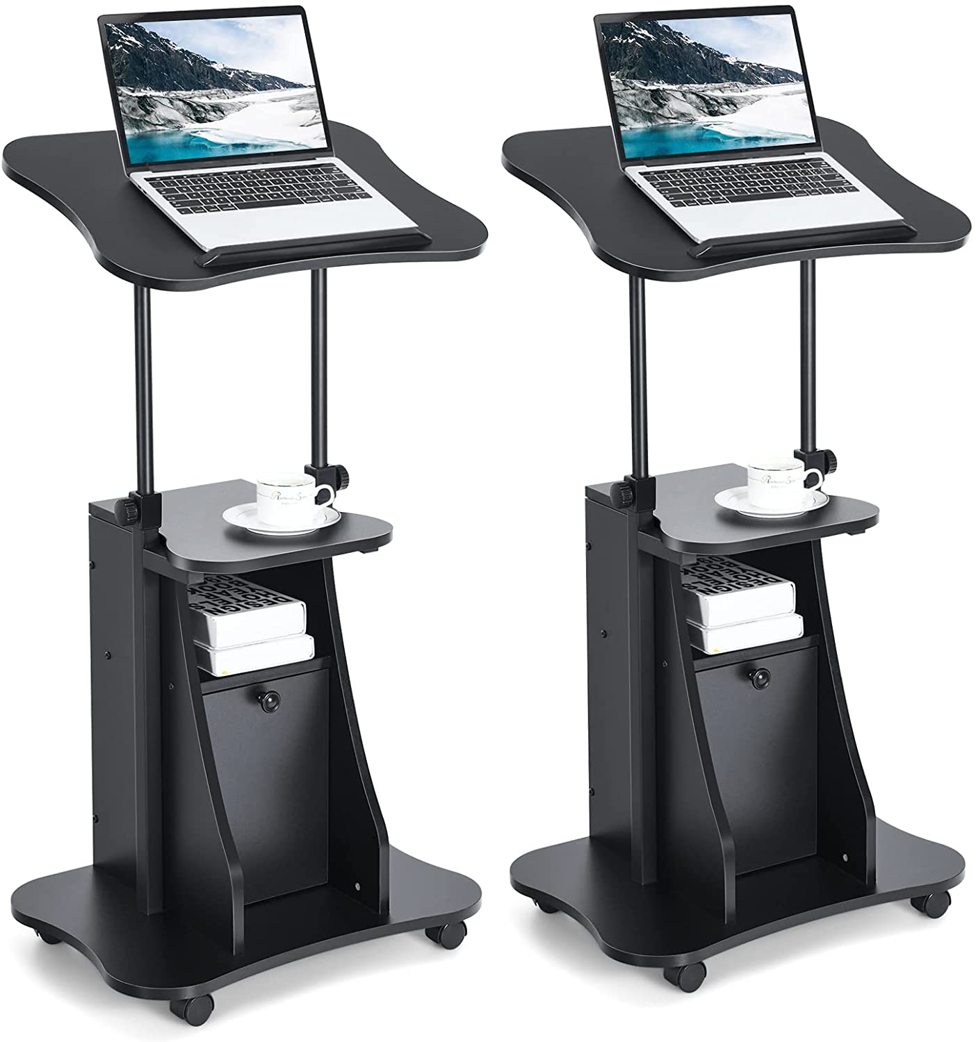 Mobile Laptop Podium, Height Adjustable Sit to Stand Desk with Tilting Desktop & Storage Cabinet