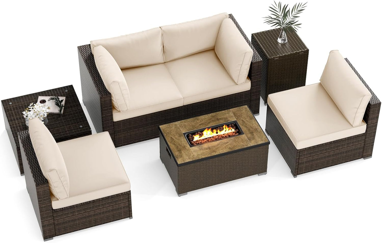 Tangkula 7 Pieces Outdoor Sectional Sofa Set Set with 32” Fire Pit Table and Propane Tank Cover