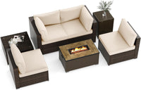 Tangkula 7 Pieces Outdoor Sectional Sofa Set Set with 32” Fire Pit Table and Propane Tank Cover
