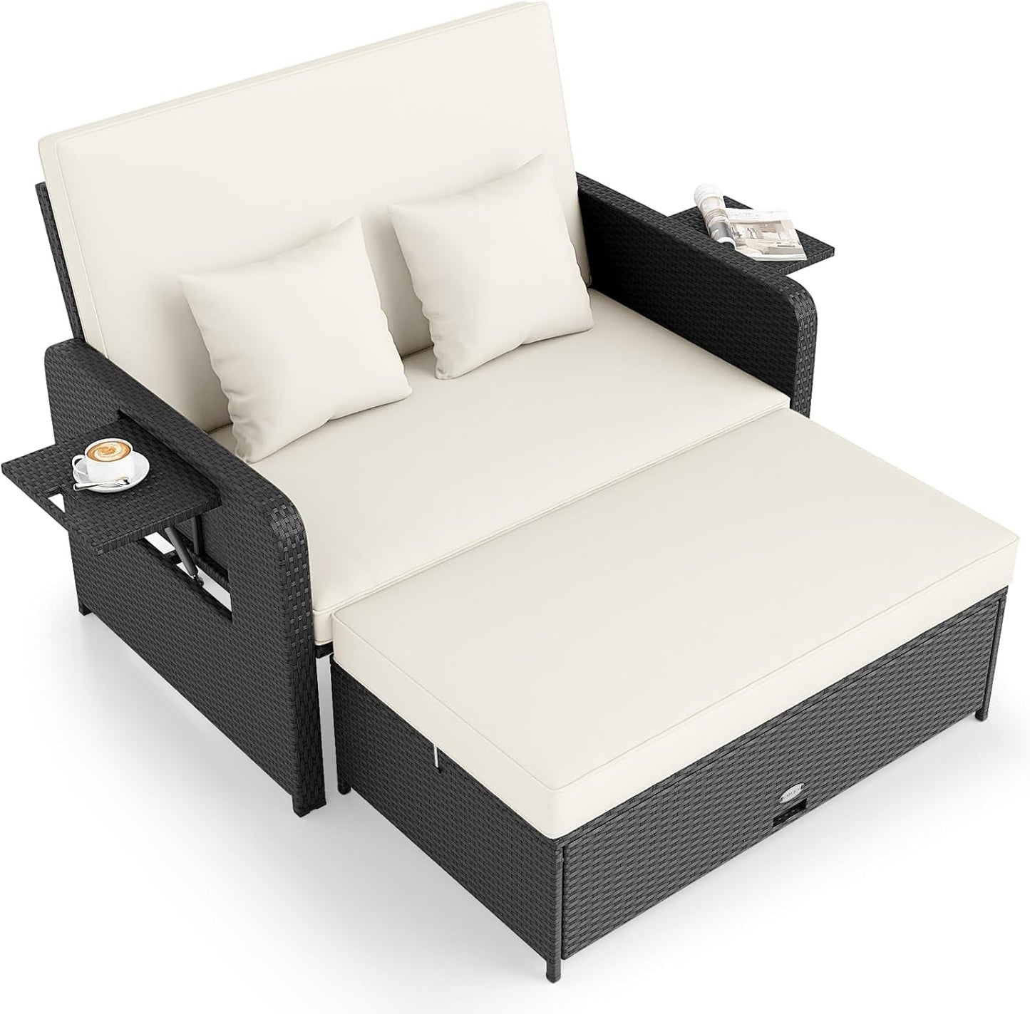 Tangkula Patio Rattan Daybed with 4-Level Adjustable Backrest Storage Ottoman & Folding Side Tray