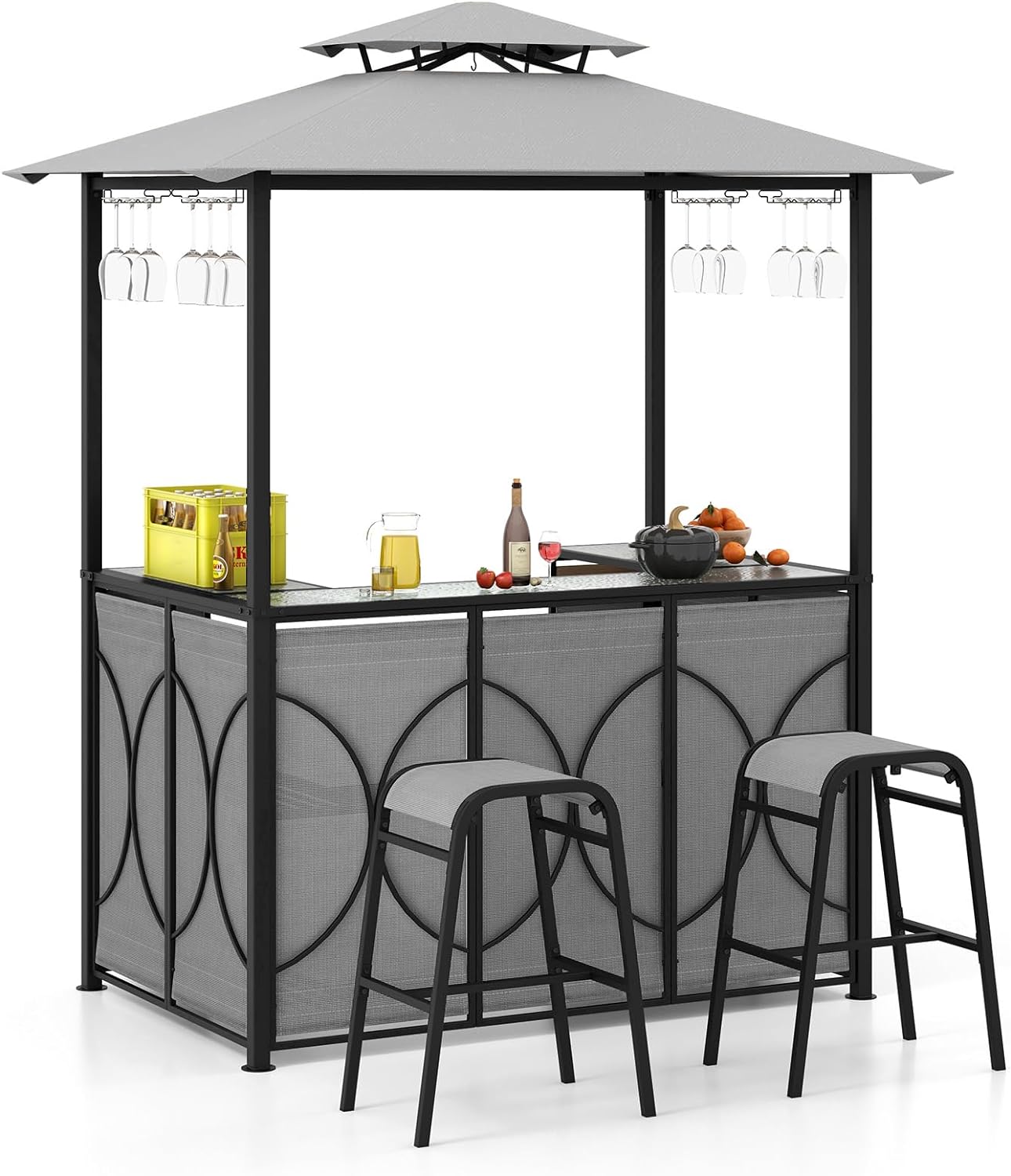 Ensemble de bar de terrasse 3 pièces Tangkula, tonnelle de barbecue et 2 tabourets de bar avec table de bar en verre trempé, étagères de rangement en métal