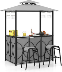 Ensemble de bar de terrasse 3 pièces Tangkula, tonnelle de barbecue et 2 tabourets de bar avec table de bar en verre trempé, étagères de rangement en métal