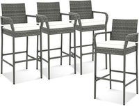 Tangkula Patio Wicker Barstools Set of 2, Outdoor PE Rattan Bar Chairs with Armrests & Soft Cushions