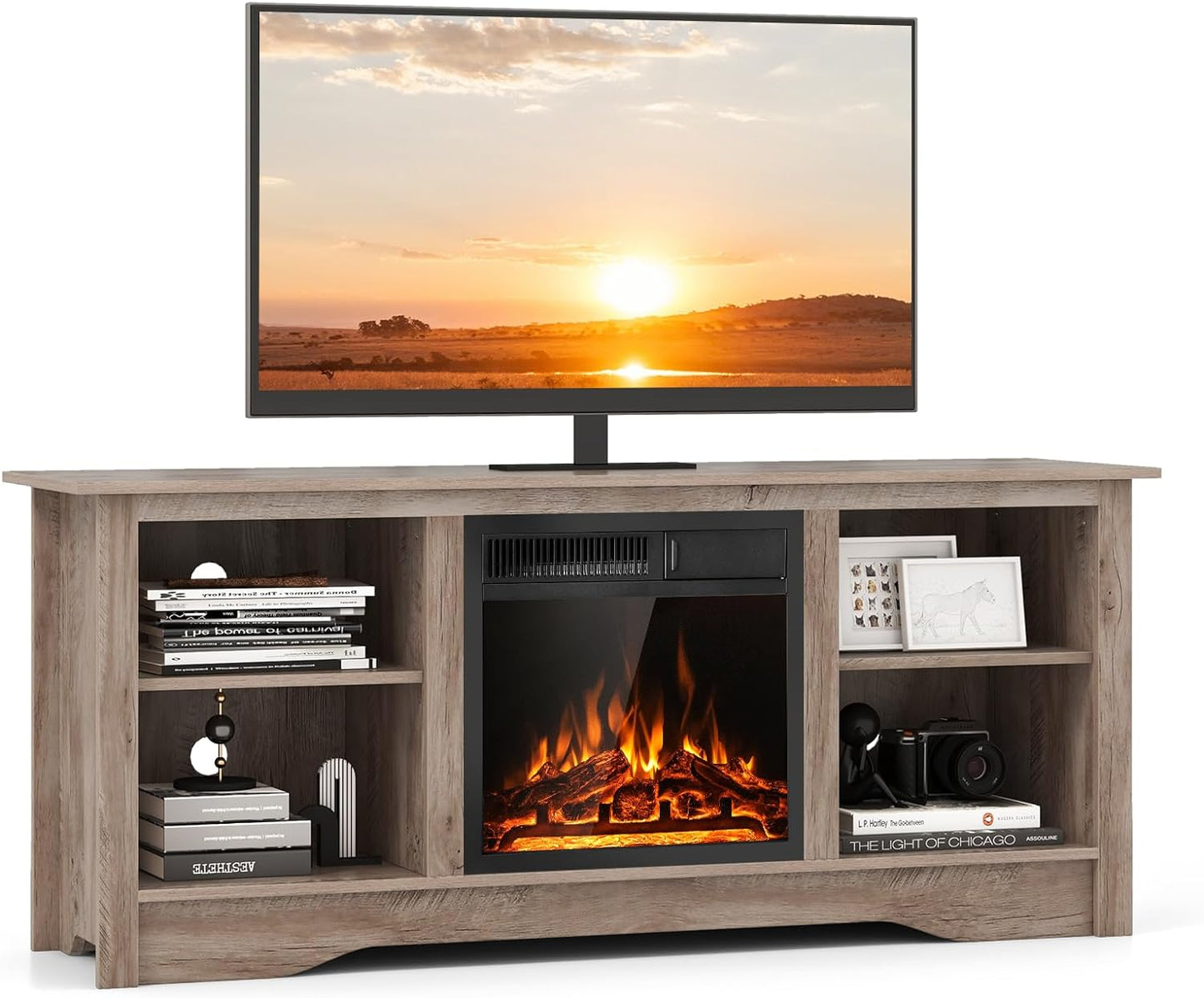 Tangkula Fireplace TV Stand for 65 Inches TV, 18” Electric Fireplace with Remote, 7-Level Brightness and 750W/1500W Heat Setting