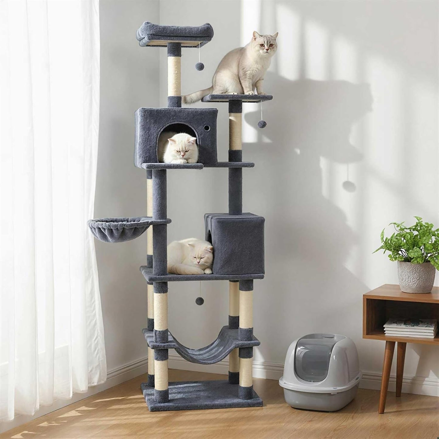 Tangkula 80 Inch Tall Cat Tree with 2 Condos Plush Perch Dangling Toys for Indoor Cats