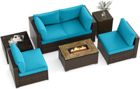 Tangkula 7 Pieces Outdoor Sectional Sofa Set Set with 32” Fire Pit Table and Propane Tank Cover