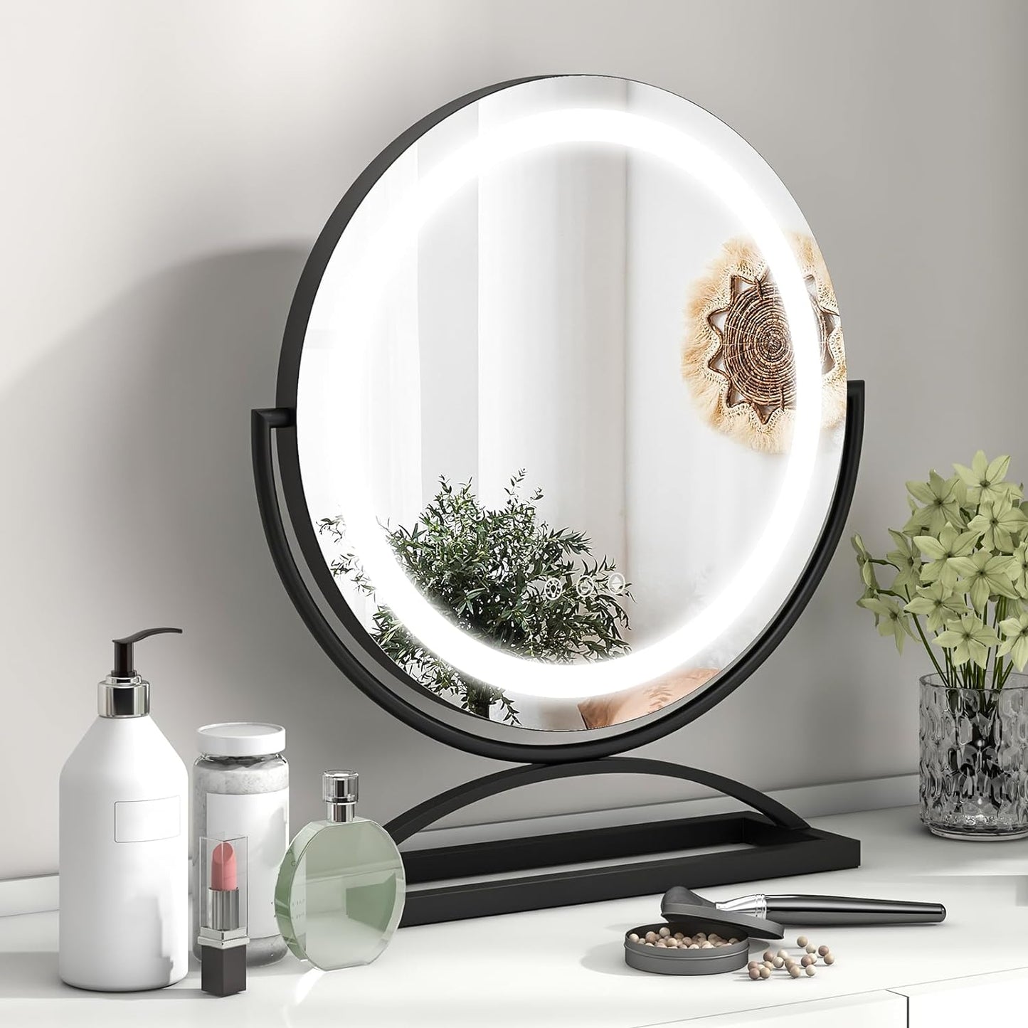 Tangkula Miroir de courtoisie de 16 po avec lumières, miroir de maquillage lumineux à LED à 3 couleurs à intensité variable avec écran tactile