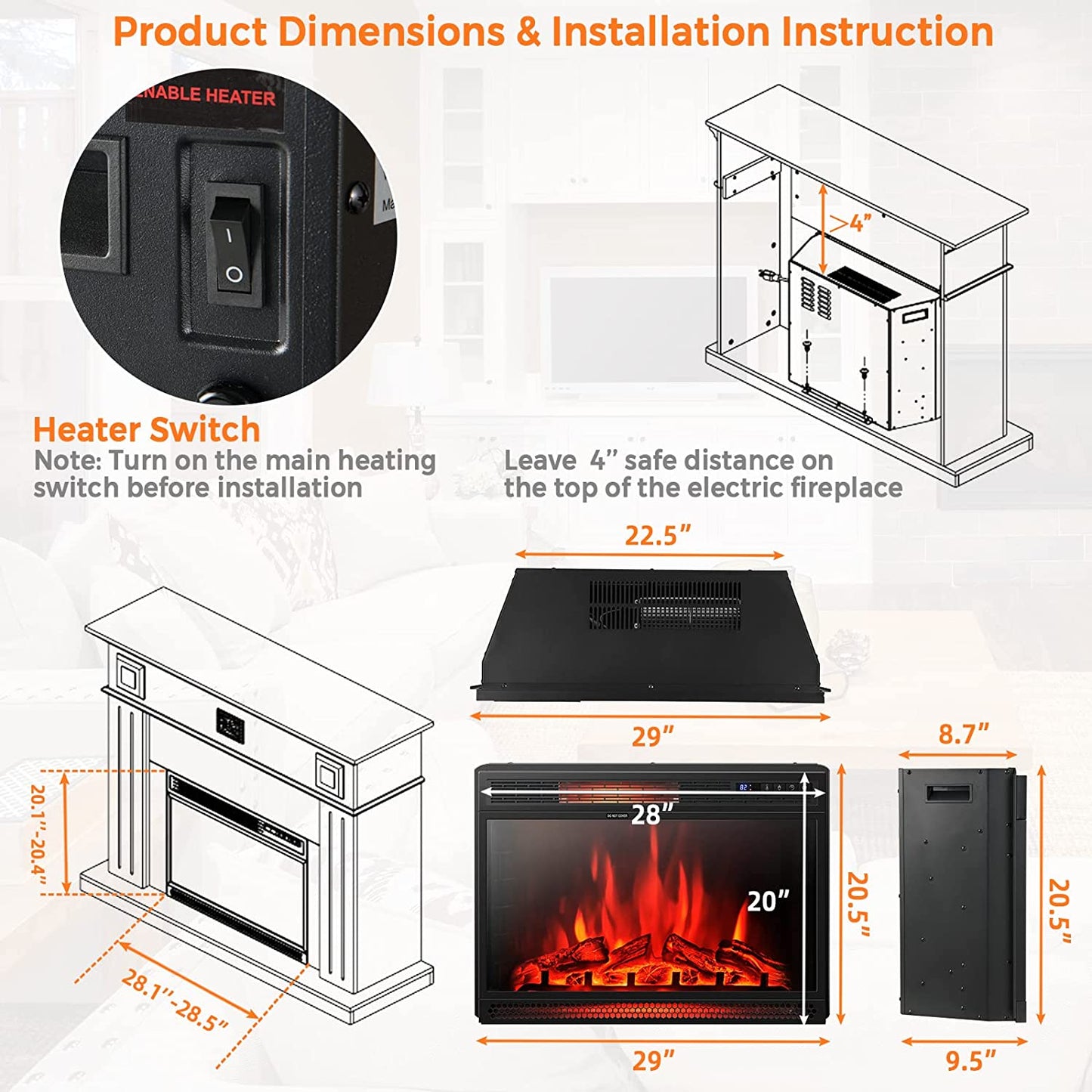 Tangkula Electric Fireplace Insert, Freestanding & Recessed Electric Fireplace Heater with Remote Control