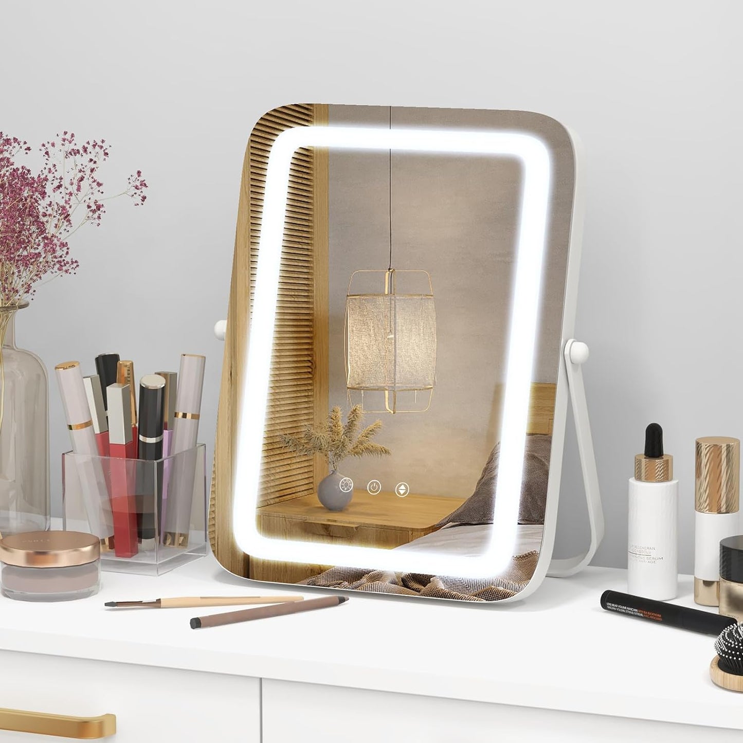 Tangkula Miroir de courtoisie de 16 po avec lumières, miroir de maquillage lumineux à LED à 3 couleurs à intensité variable avec écran tactile